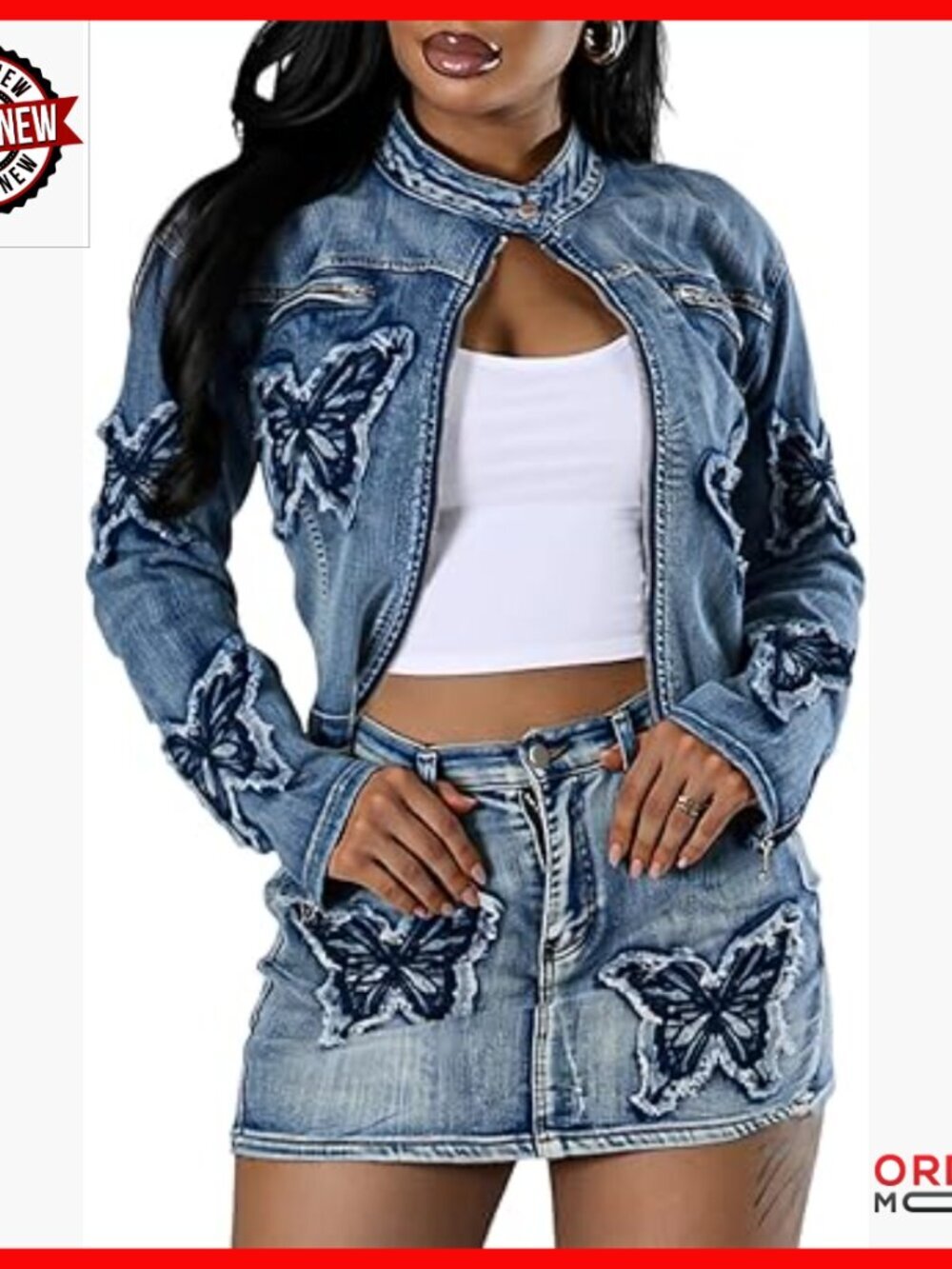 Denim Skirt Set Long Sleeve Zipper Jacket Mini Skirt Two Piece Outfit